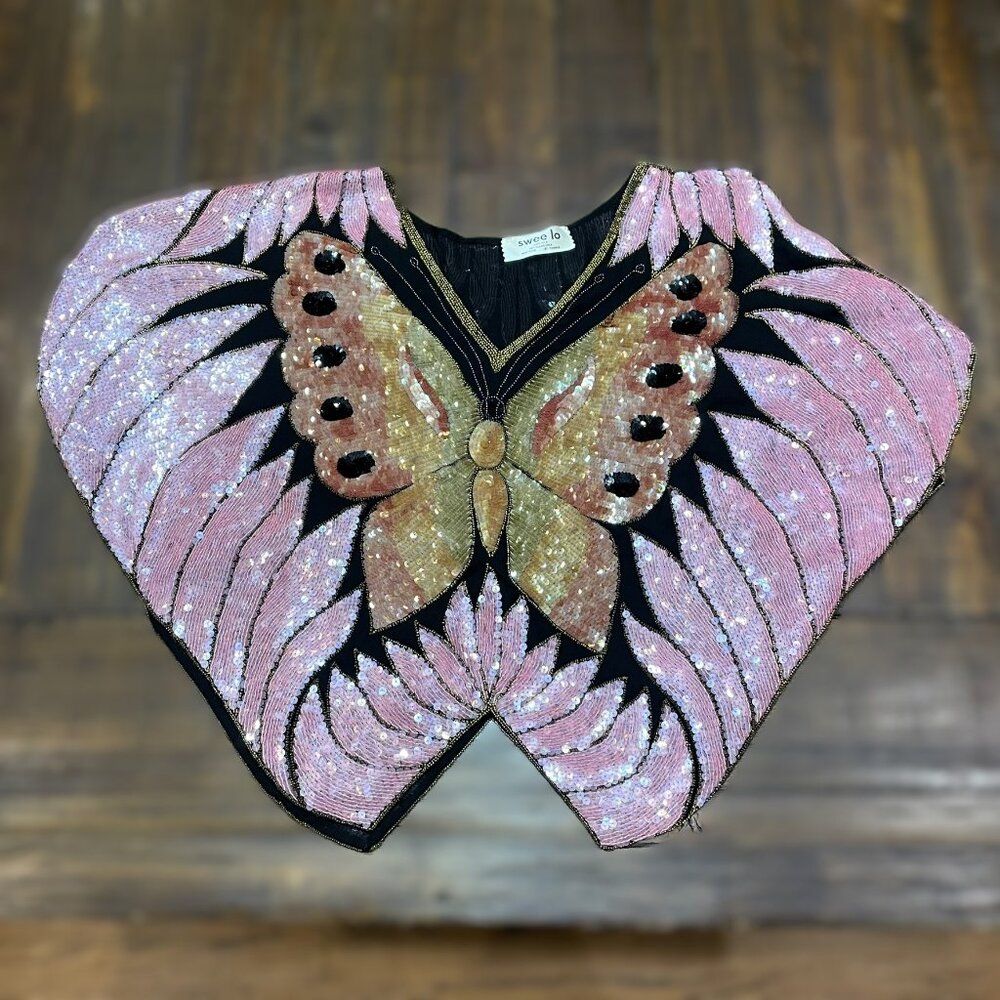 VTG Swee Lo Silk Sequin Butterfly Top Medium Sequin V-Neck Cropped ART TO WEAR